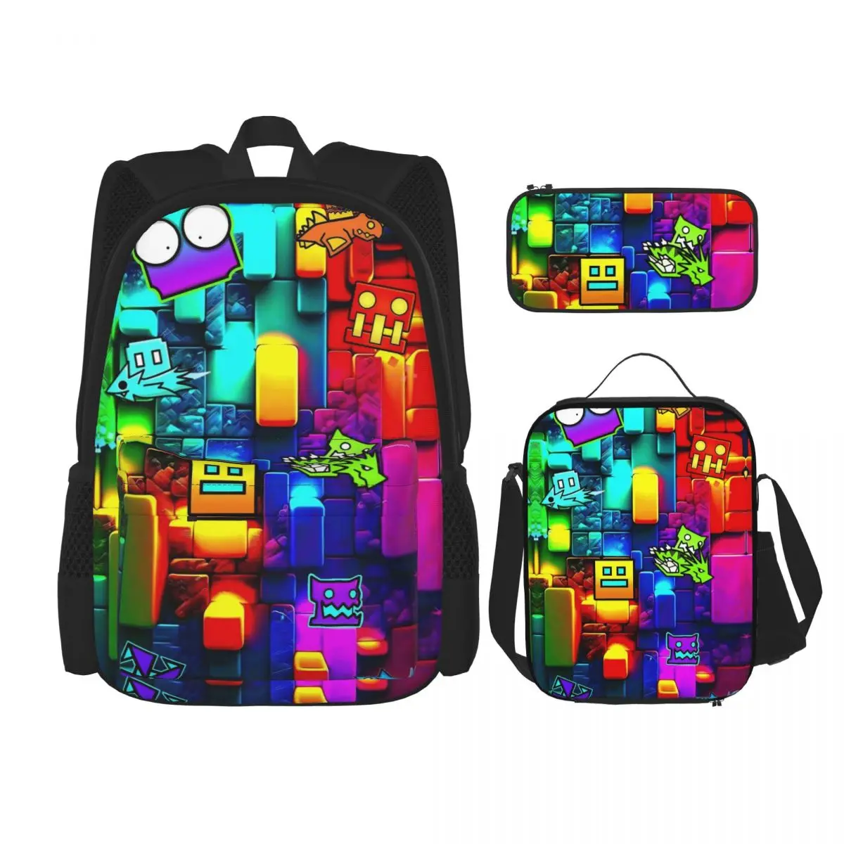 

3pecs/set Рюкзак Geometry Dash для мальчиков и девочек, холщовые сумки для ноутбука, сумка для обеда, пенал