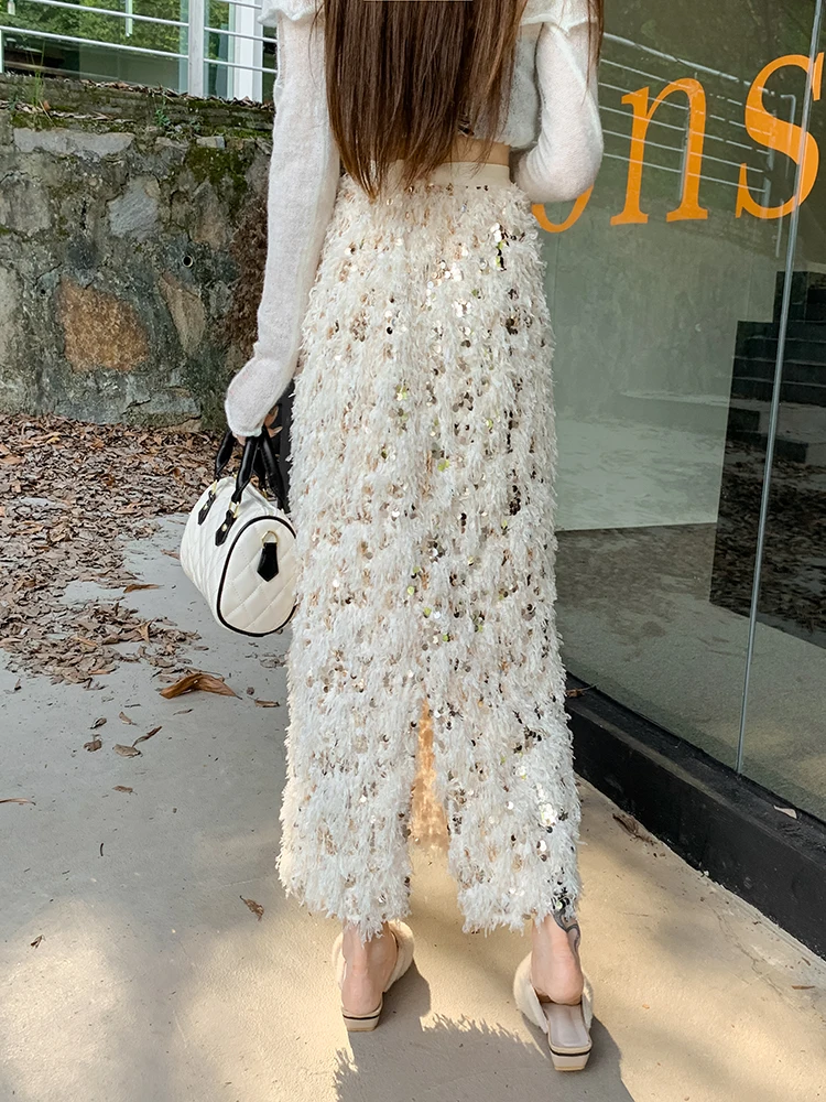 Fall Winter Fashion Sequin Skirts Women Heavy Industry Furry Straight Midi Skirts Y2k Elastic High Waist Split Party Club Skirt