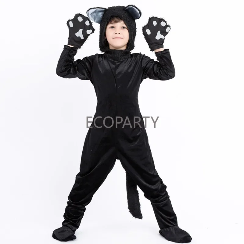 3Black Cat Cosplay Children Costume Kitten Animal Gloves Hat Suit Suitable for Stage Show Halloween Costumes Family Performance