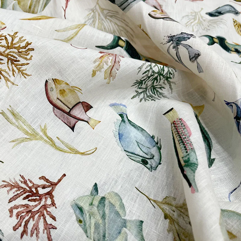 Cartoon Sea Fish Coral Printed Natural Linen Fabric For Sew Women's Dress Blouse Handmade DIY Cloth Sewing Material