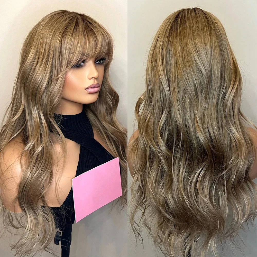 Bangs Wig Full Lace Highlight Wig Light Brown Roots Caramel Blonde Lace Front Wig Brazilian Remy Human Hair Wigs Loose Wave 180%