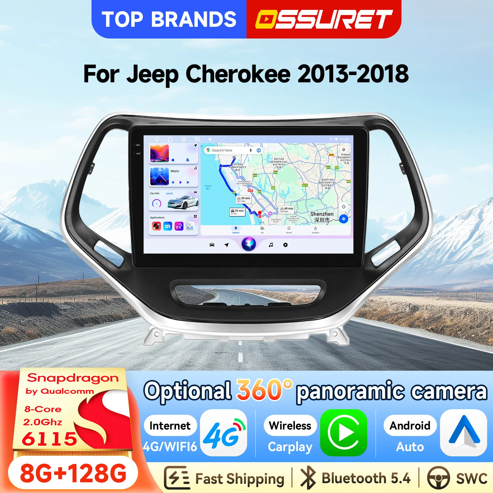 OSSURET Envío Rápido, Radio de Auto Android 14 de 10.1 Pulgadas y 2 Din para Jeep Cherokee 2013-2018 con Qualcomm Snapdragon 6115 Octa Core, Navegación GPS, Bluetooth, Manos Libres, SWC, Carplay Inalámbrico, Android Auto, Pantalla Táctil Inteligente, Reproductor Multimedia para Auto con Audio RDS y DSP 1