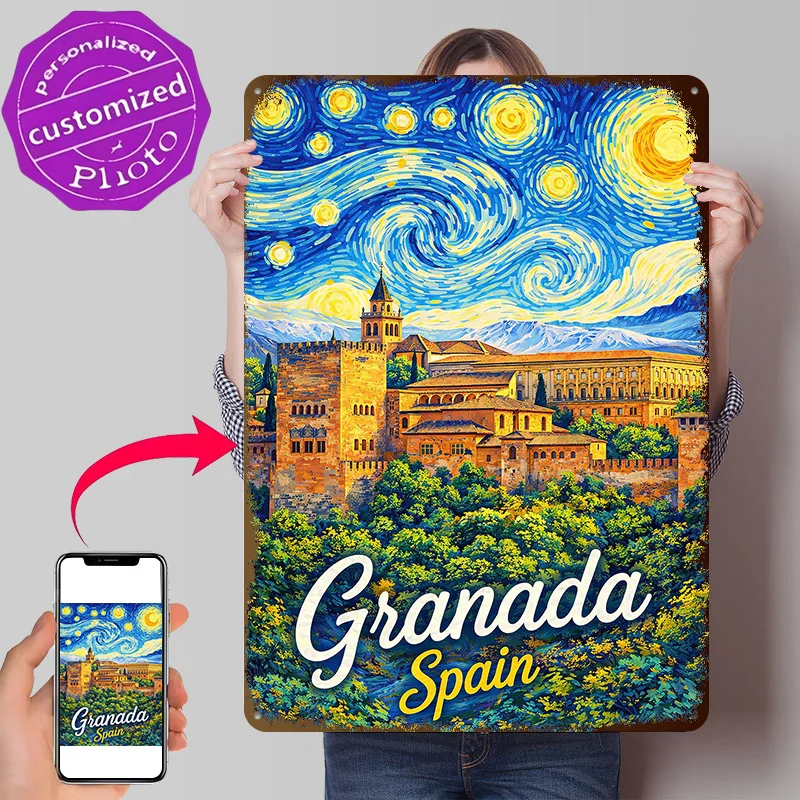 Granada Spain Starry Night Painting Personalized 3D Textured Metal Poster Wall Art Vintage Tin Signs for Home Decor Ornaments