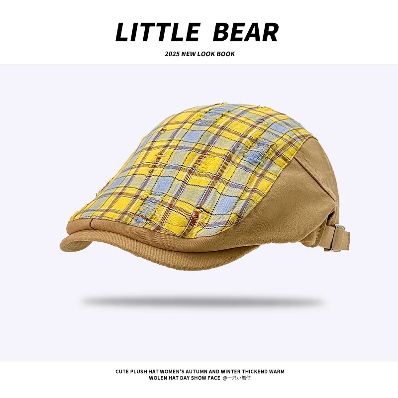 

Retro British Style Contrasting Plaid Forward Hats for Men and Women Summer Travel Sun Protection Versatile Casual Berets