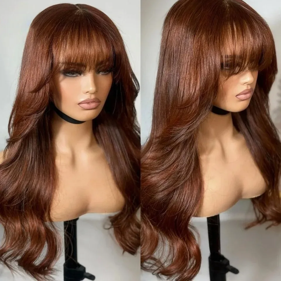 Long Loose Wavy  Brown  Fringe  Lace Frontal Wigs Synthetic with Bangs Glueless Pre Plucked 13X4 HD Lace Front Wigs For Women