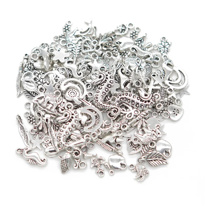 50/100pcs Mixed Tibetan Silver Charms Diy Silver Beads Accessories Heart Shape Cross Pendant Starfish Elephant Metal Charm Etc.