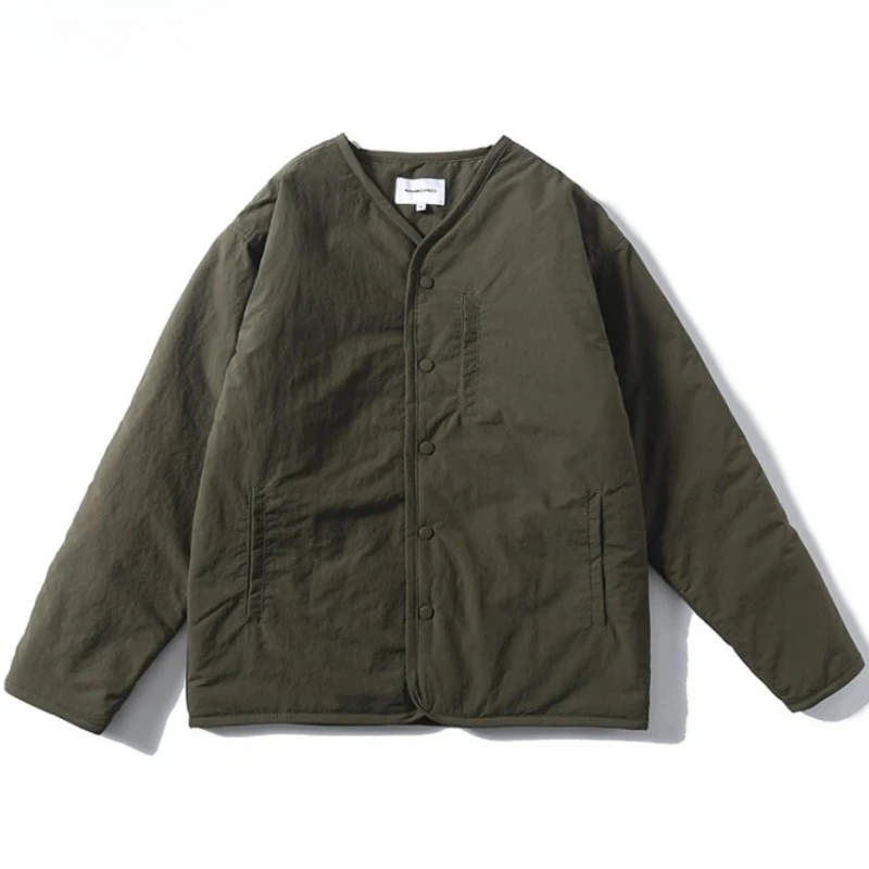 

Mens Winter Thin Collarless Cotton Jacket Japanese Retro Quilted Cotton Clip Parkas Waterproof Single Breasted Tooling Coats