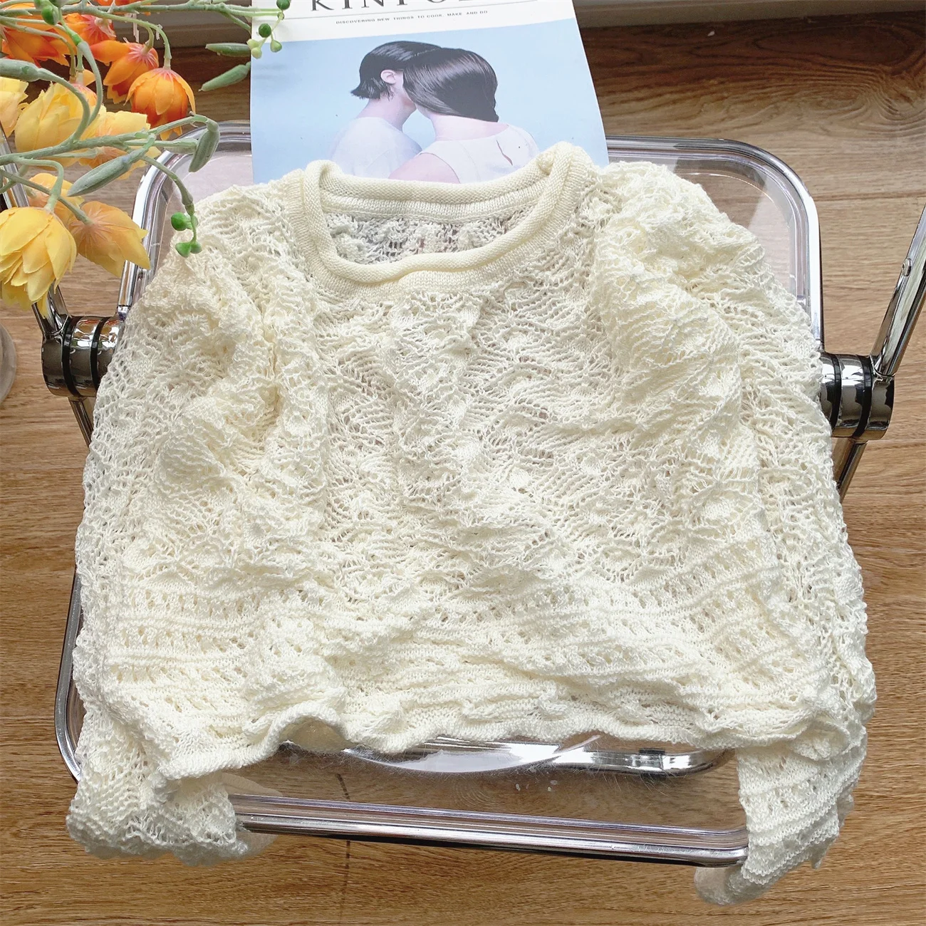 

Sarebon-Hollow Out Knit Crewneck Pullover for Girls, Retro Sweater, Vintage Fashion, Autumn