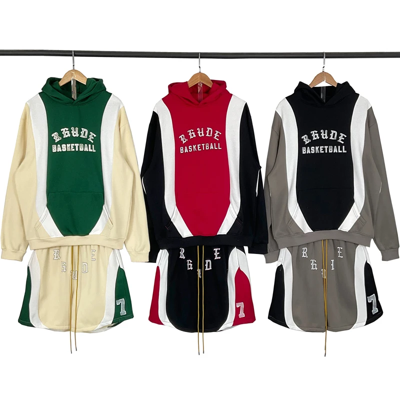 Best-selling Streetwear Rhude Casual Shorts High-quality Splicing Color Blocks Thick Fabric Printed Hoodies Sports Suit