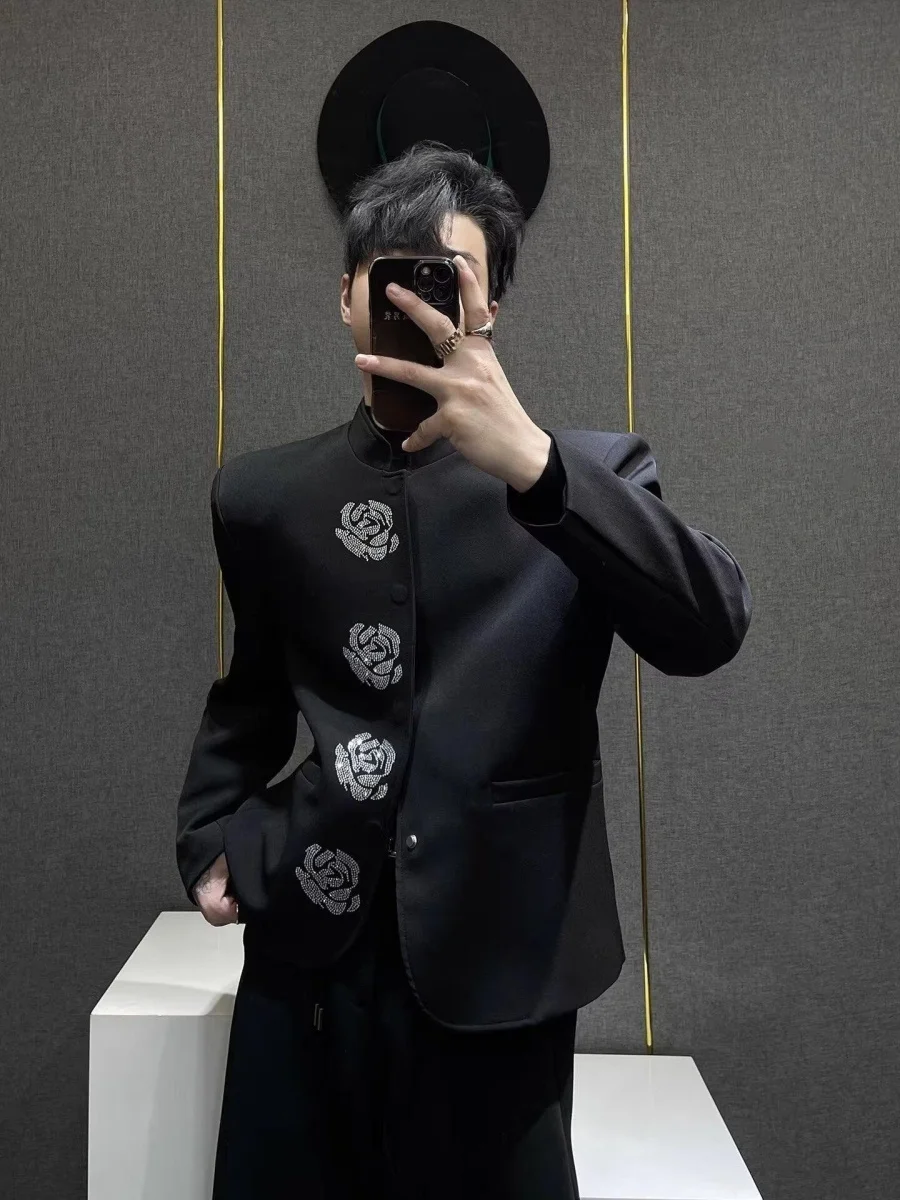 

New Chinese Sle Men's ort oulder Padded Bla Stand Collar Jaet Floral Drill Casual Suit Coat Breathable Anti-Wrinkle