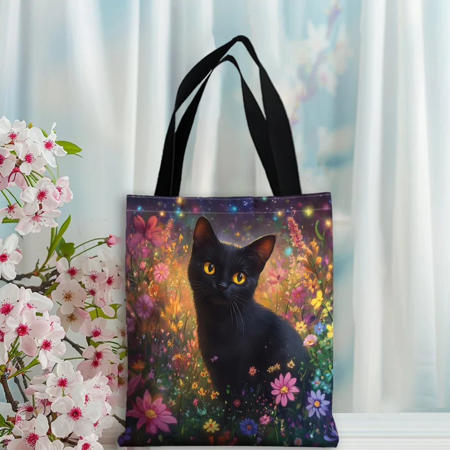 

1pc Whimsical Black Cat & Floral Tote Bag for Women - Vibrant Mixed Colors, Open Top Design for Shopping