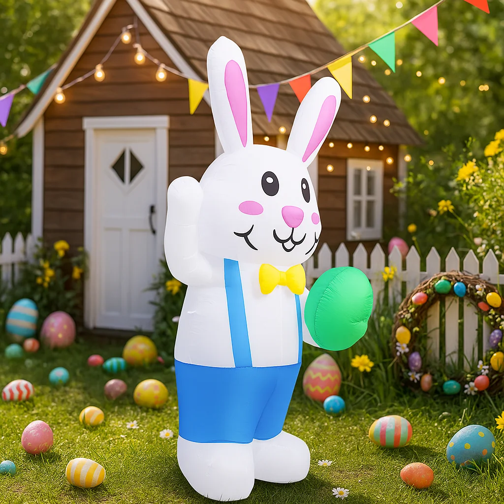 1.8M/6FT ハッピーイースターインフレータブルおもちゃ ウサギが卵を運ぶ装飾 LEDライト内蔵モデル 屋外ガーデンパーティー小道具装飾