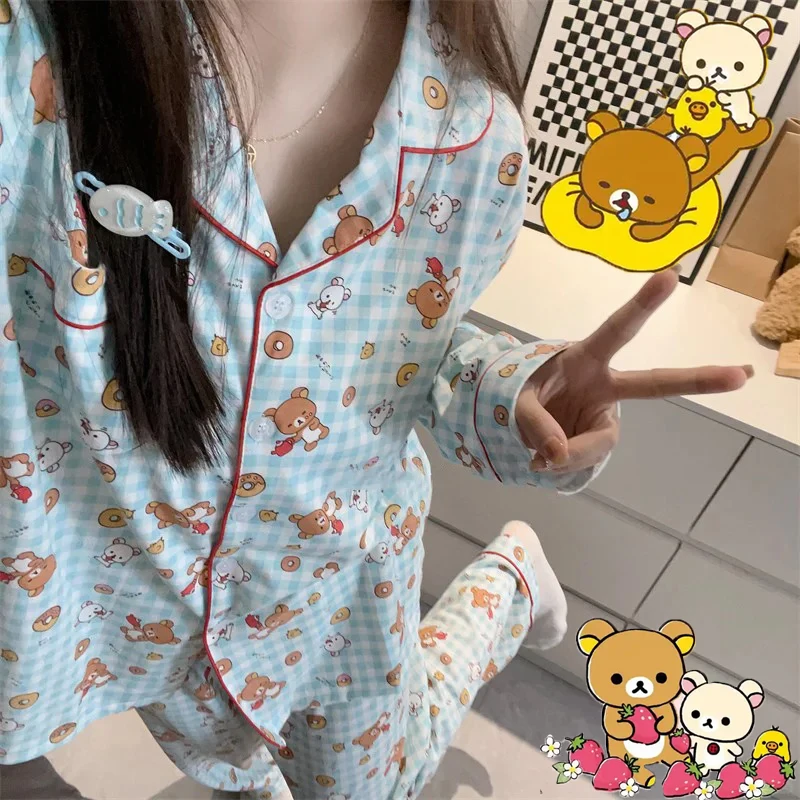 

Rilakkuma Women Spring Autumn Pajamas Pure Cotton Long Sleeve Cartoon Biscuit Bear Girl Sweet Cute Clothes Home Two Piece Set