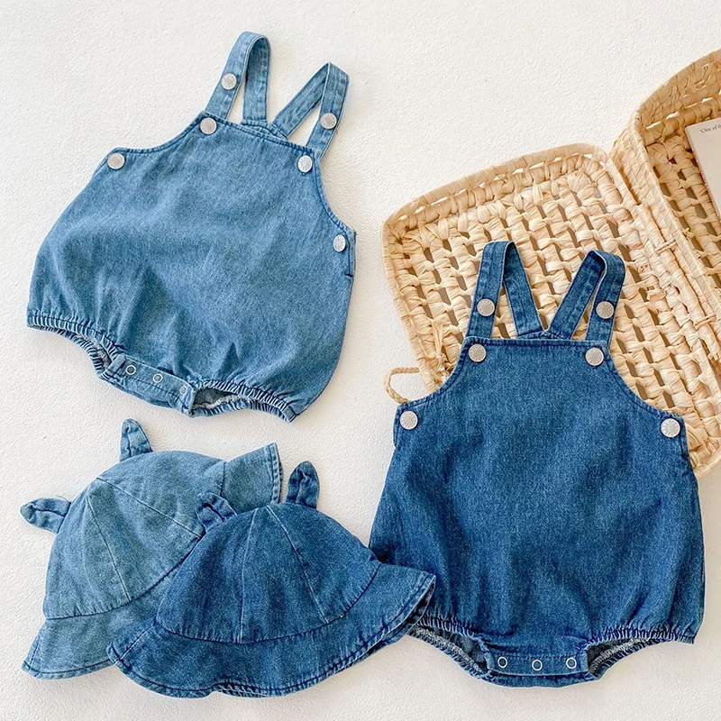 Spring Summer New Kids Clothes Baby Girls and Baby Boy Girl Denim Suspender Romper + Hat 0-2 Years Old Cotton Jumpsuit