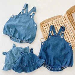 Barboteuse à bretelles en denim et chapeau pour bébé fille et garçon, combinaison en coton, vêtements pour enfants, 0-2 ans, printemps, été, nouveau