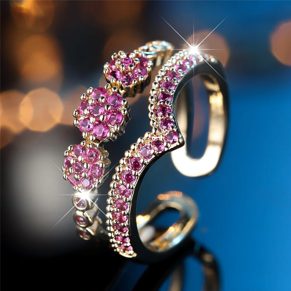 Cute Female Rose Red Zircon Open Gold Color Wedding Rings Promise Adjustable Engagement Jewelry For Women