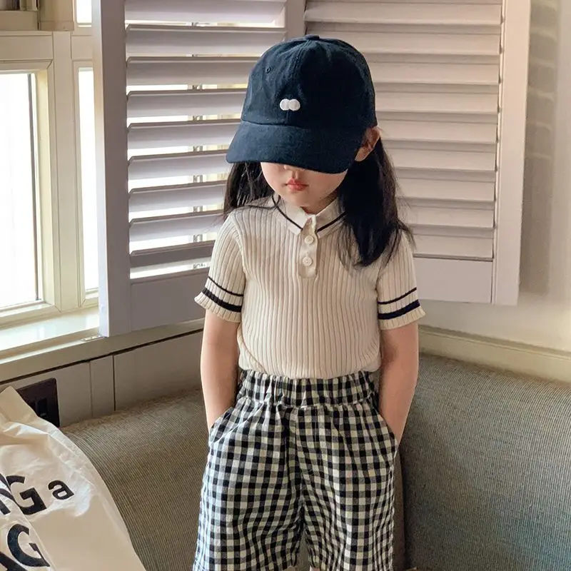 Girls' Preppy Cooling Silk Like Knit Polo Shirt Toddler Kids Ribbed Collared Short Sleeve T-Shirt Breathable Baby Clothing