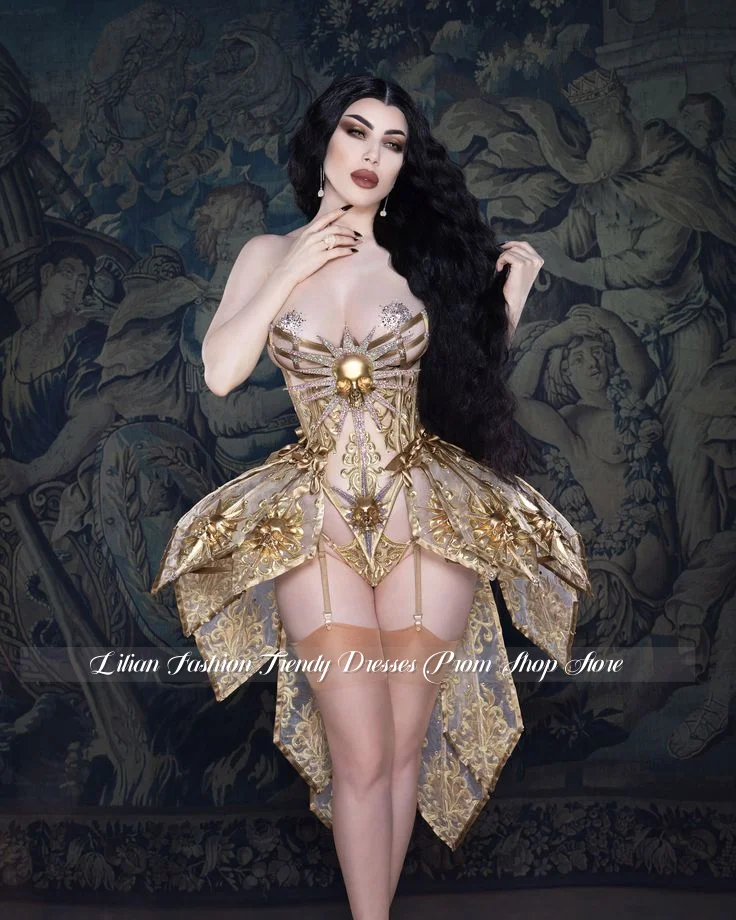 Customised Gold Strapless Sparkling Cocktail Dress Sparkling Skull Mini Prom Dress Special Occasion Evening Gown Cosplay Costume