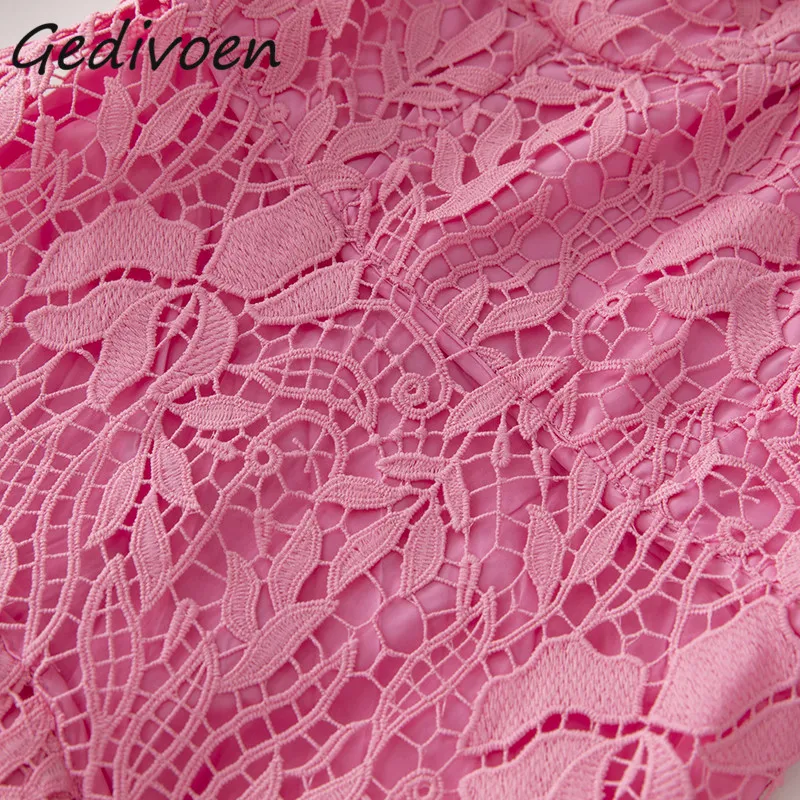 Gedivoen Summer Fashion Runway Elegant Pink Cake Dress Women O-Neck Embroidery Hollow Out Ruffles Splicing High Waist Long Dress