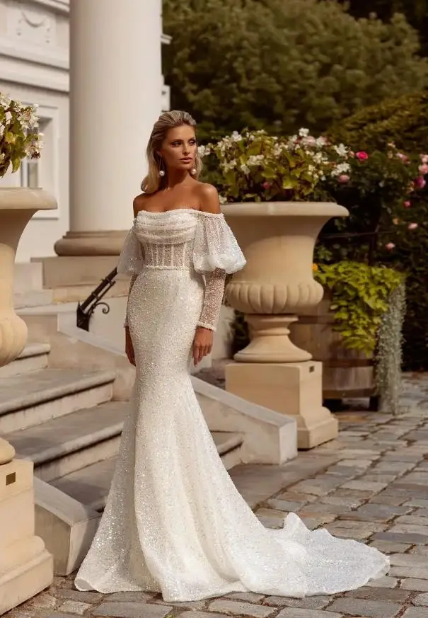 Personalizado requintado lantejoulas sereia vestido de casamento sem alças fora do ombro vestido de noiva espartilho capela trem vestido de noiva