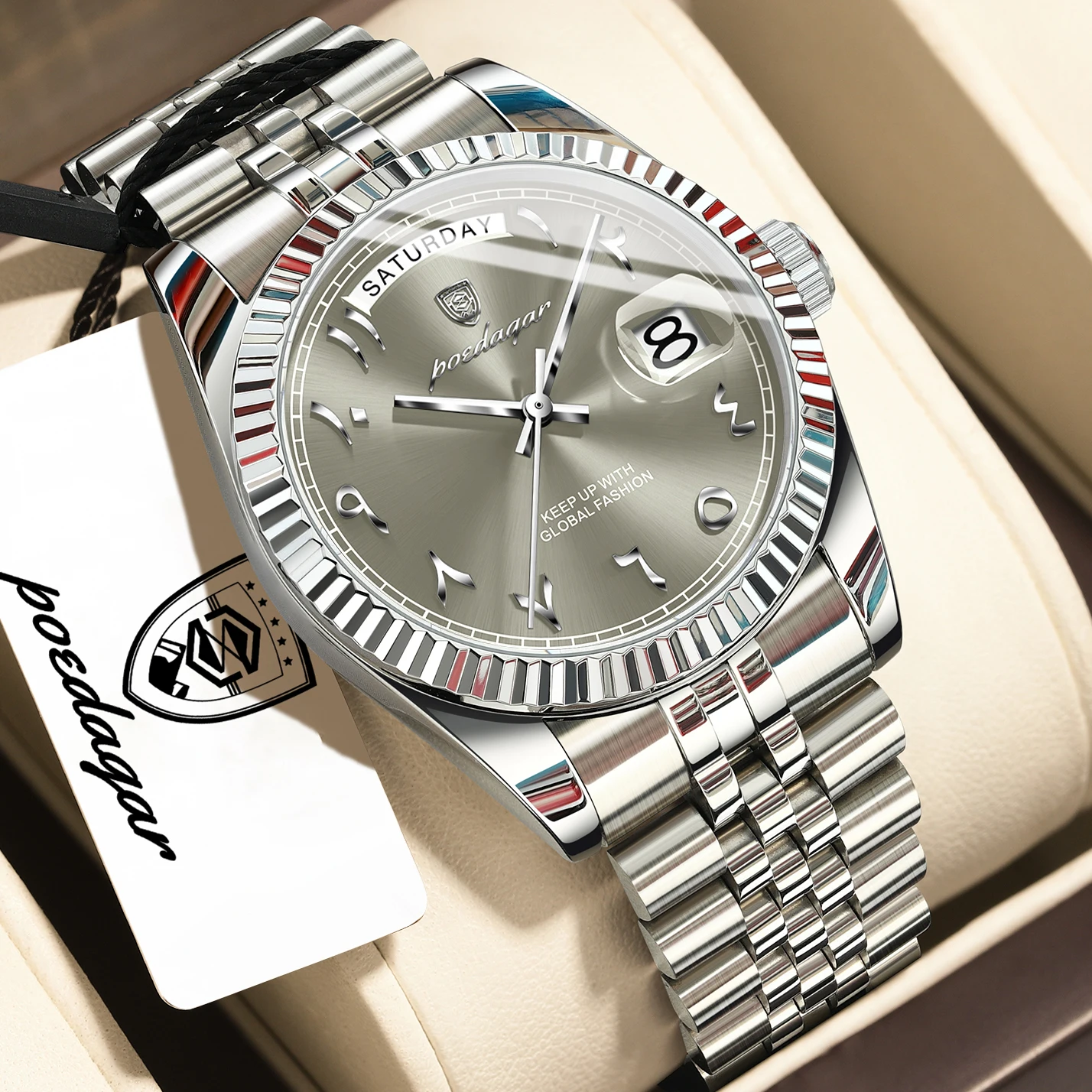 POEDAGAR Top Trendige Herrenuhr Edelstahl Wasserdicht Business Herren Armbanduhr Datum Woche Quarz Kreative Herrenuhren Reloj Hombre