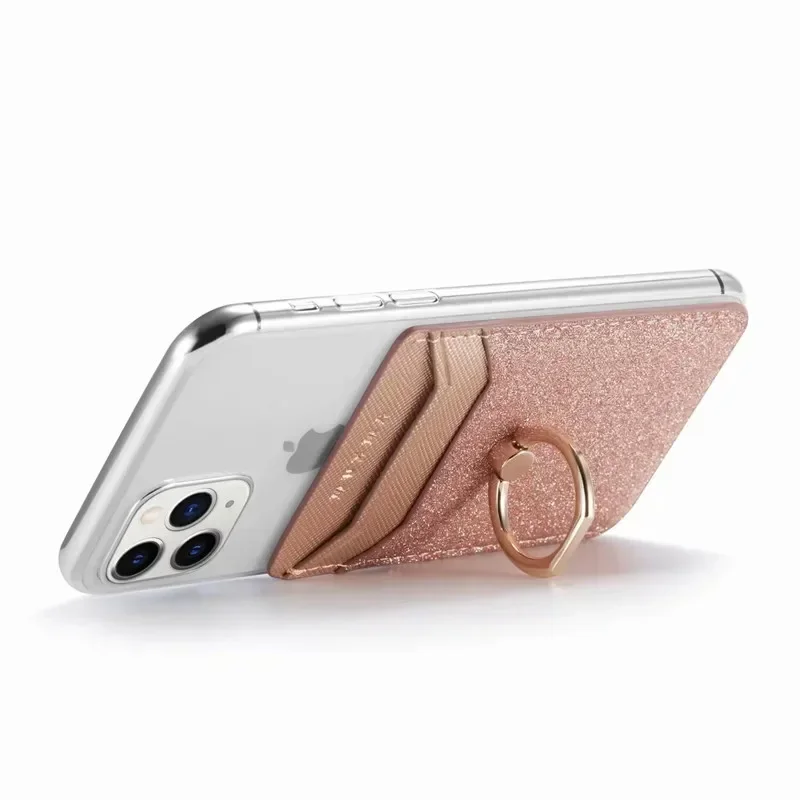 Fashion Cell Phone Smartphone Ring Socket Holder Wallet Credit Card Pocket Adhesive Sticker Phone Pouch Bag Case Black Rose Gold