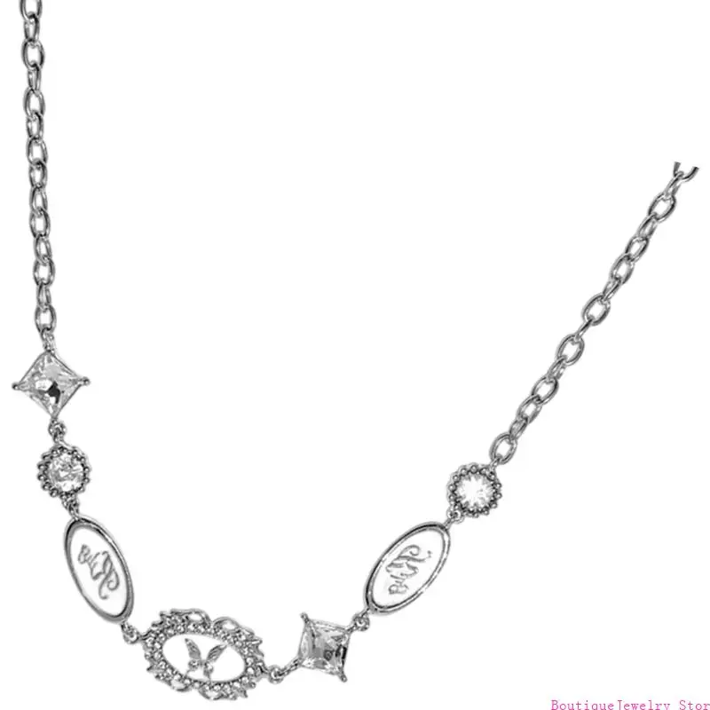 E1PE Silver Tone Butterfly Chain Jewelry with Crystal Detail and White Plaques, Fashion Gift for Everyday Styling Looks