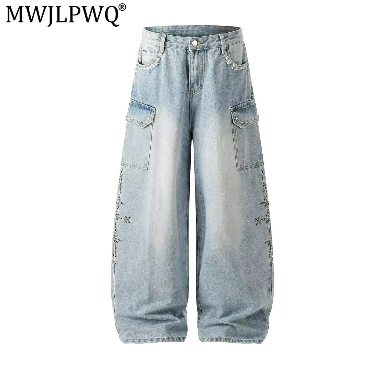MWJLPWQ Vibe Rhinestone Workwear Male Retro Jeans New American-Style Straight-Leg High Street Wide-Leg Curved Trousers 20352