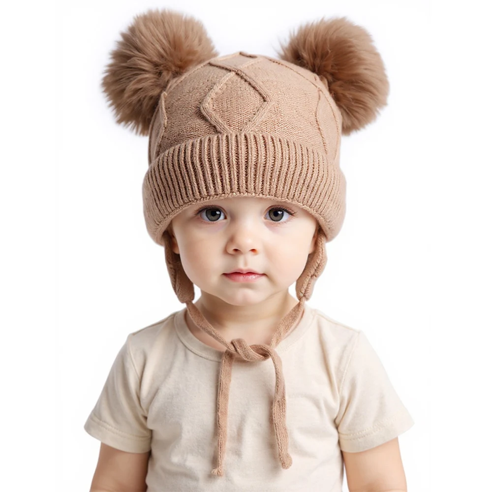 Neue Herbst Winter Doppel Ball Gestrickte Baby Hut für Mädchen Jungen Baby Straps Motorhaube mit Ohrenschützer Outdoor Kinder Ohr Schutz Hut
