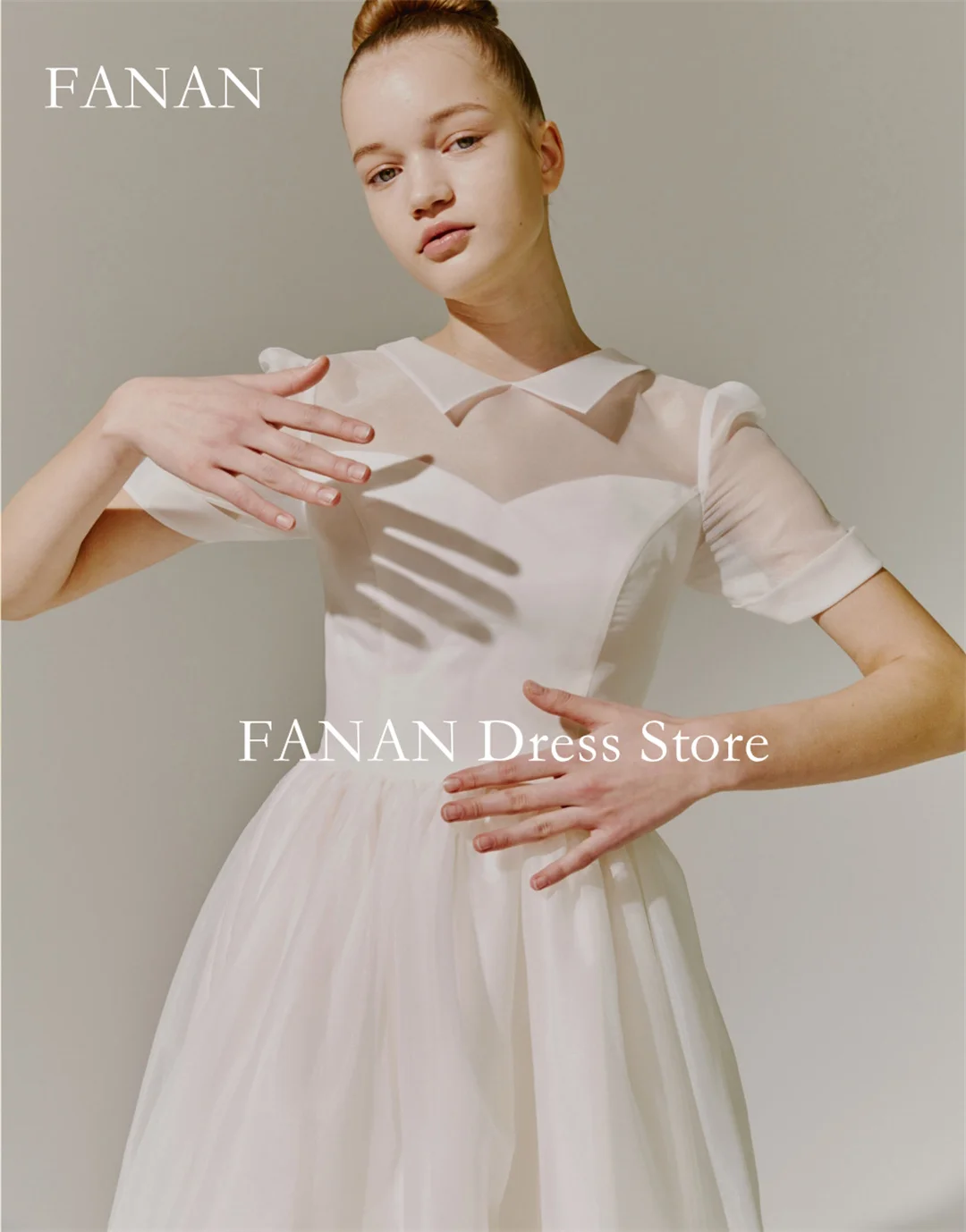 Fanan Korea High Neck Ivory Wedding Dresses  웨딩드레스 Organza Short Sleeves Customized Ruched Photoshoot Bride Gowns Plus Size