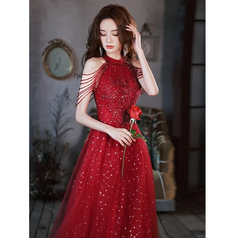 Customized Luxury Wine Sequined Tassel Sleeve Evening Dress Long Lady Pregnant Women Prom Evening Performance Banquet Party Dre