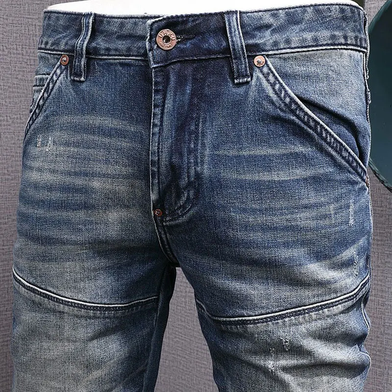 Streetwear Fashion Men Jeans Retro Washed Blue Stretch Slim Fit Spliced Designer Biker Jeans Homme Hip Hop Denim Pants Men