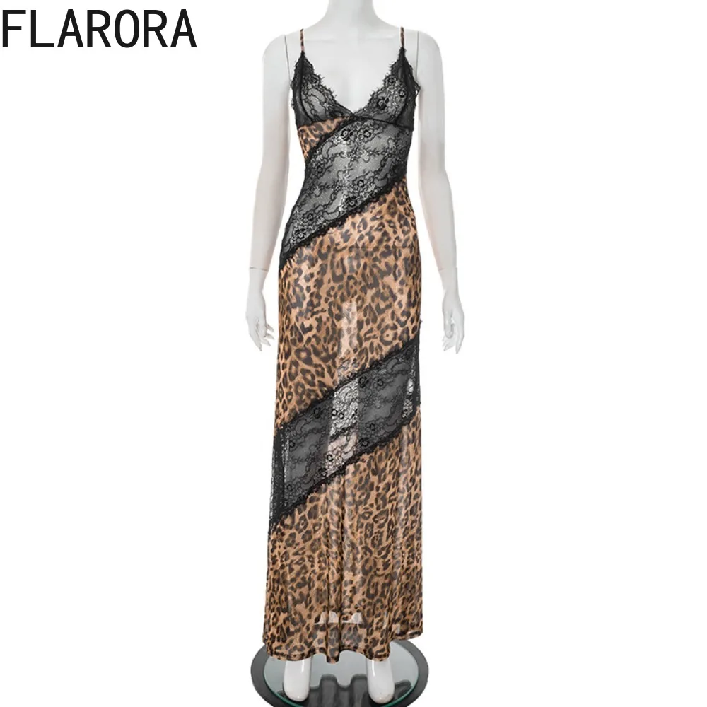 FLARORA เซ็กซี่ลูกไม้เสือดาว Patchwork ชุดนางเงือกผู้หญิงสปาเก็ตตี้สายคล้องคอลึก V Backless Bodycon ชุดราตรี Vestidos
