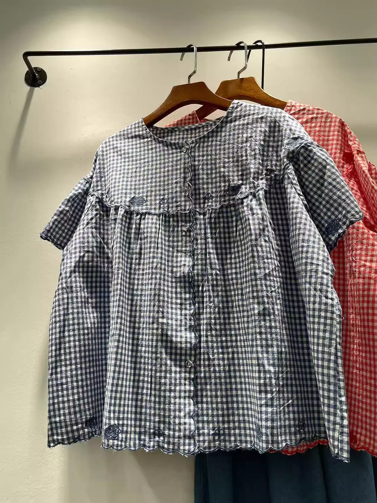 Abiti da donna taglie forti mori girl estate Camicie e camicette scozzesi blu rosa stile giapponese per top da donna in cotone a maniche corte