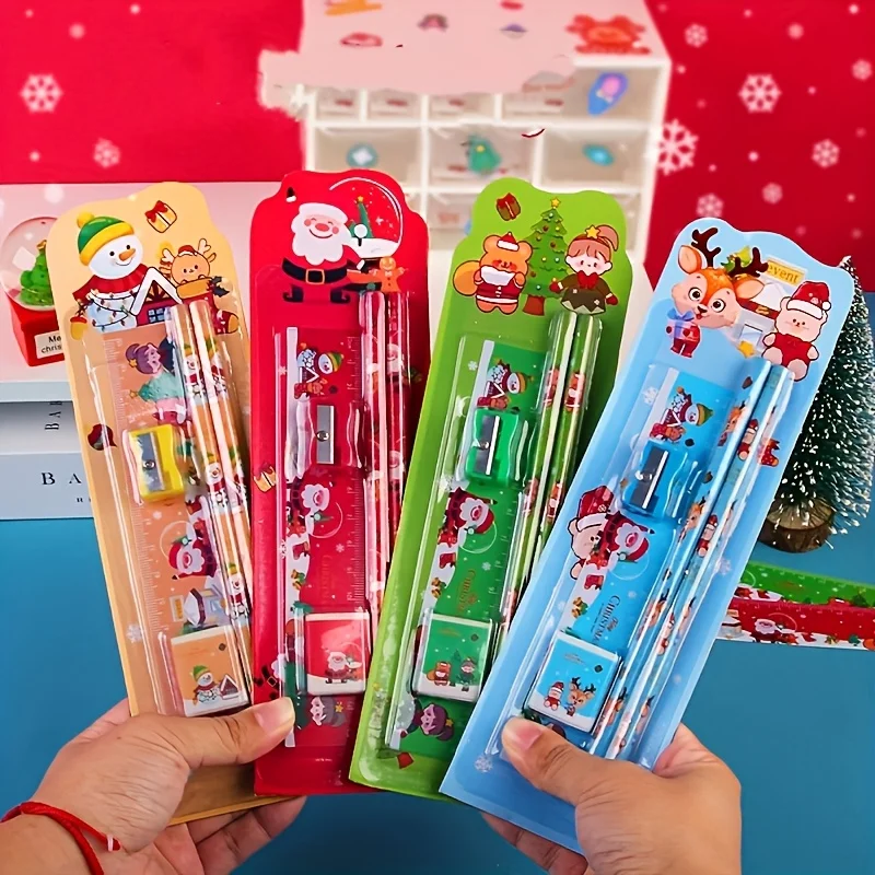 12/6 Sets of Randomly Assorted Styles (5 Pieces Per Set) with Deer, Snowman, Santa Claus, and Christmas Tree Patterns, Suction Card Pencil Set, Christmas Stationery Set, Beautifully Designed, Cute and Stress-Relieving,