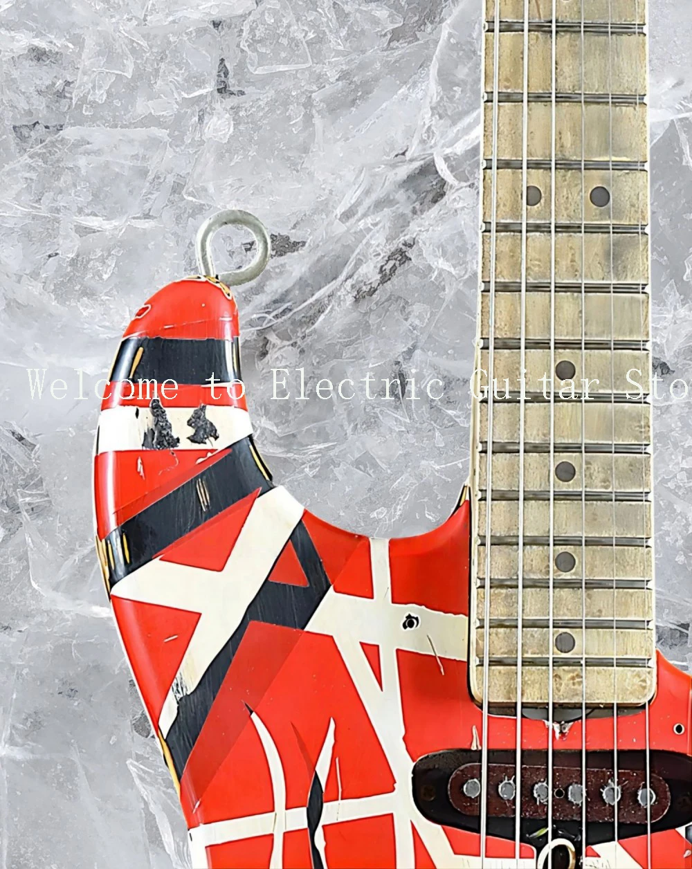 HeavyFranken Stein Electric Guitar White Black Stripe Red, Floyd Rose TremoloBridge & Locking Nut, Special Strap Button #ASP654