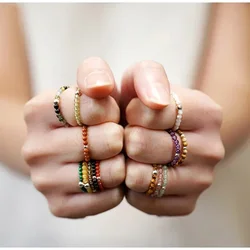 TPOETRY Bohemian Natural Stone Rings for Women Girls Handmade Stretchy Amethyst Turquoise Ring with Stainless Steel Beads
