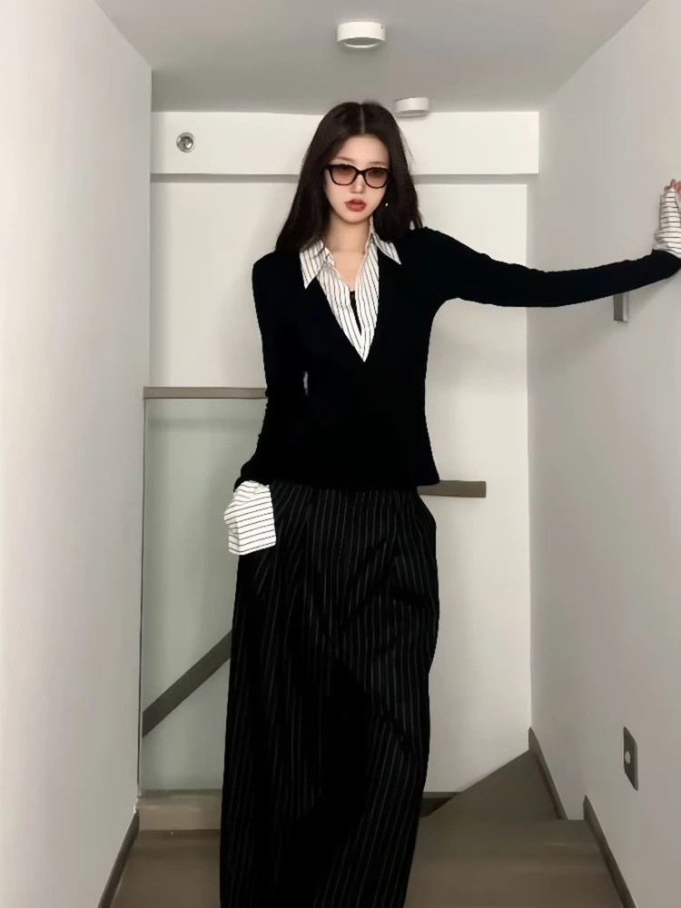 الجمالية الخريف الساخن فتاة المرقعة تي شيرت المرأة موضة خمر مخطط رقيقة بولو طوق القمصان الإناث شارع العليا Y2k تيز