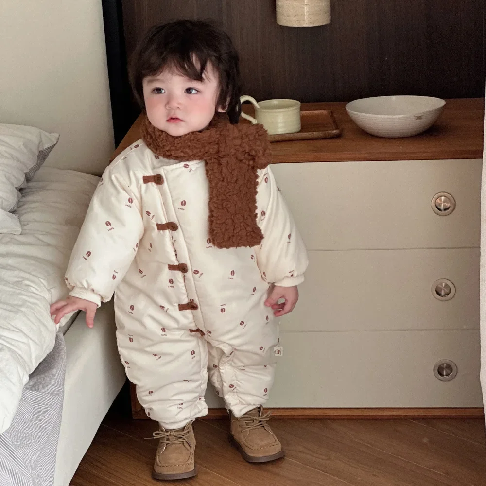 Girls Pants 2024 Winter New Childrens Wear Korean Style Baby Girls Full Print Coffee Beans Thick Warm Jumpsuit Casual Daily