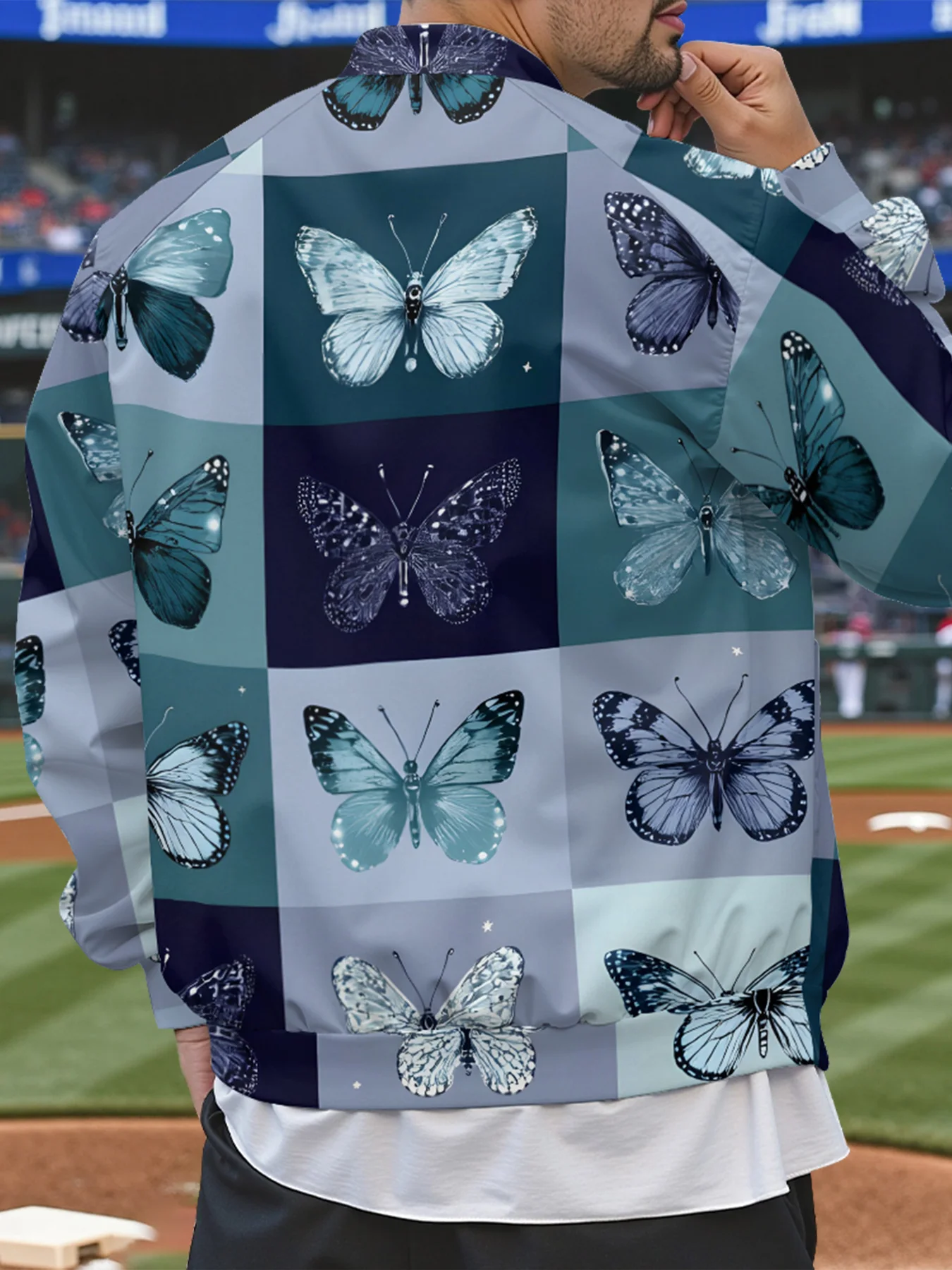 

Butterfly Print Baseball Jackets Color-Blocked Gradient Floral Designs Gold Accents Button-Up Korean Streetwear Couple Unisex