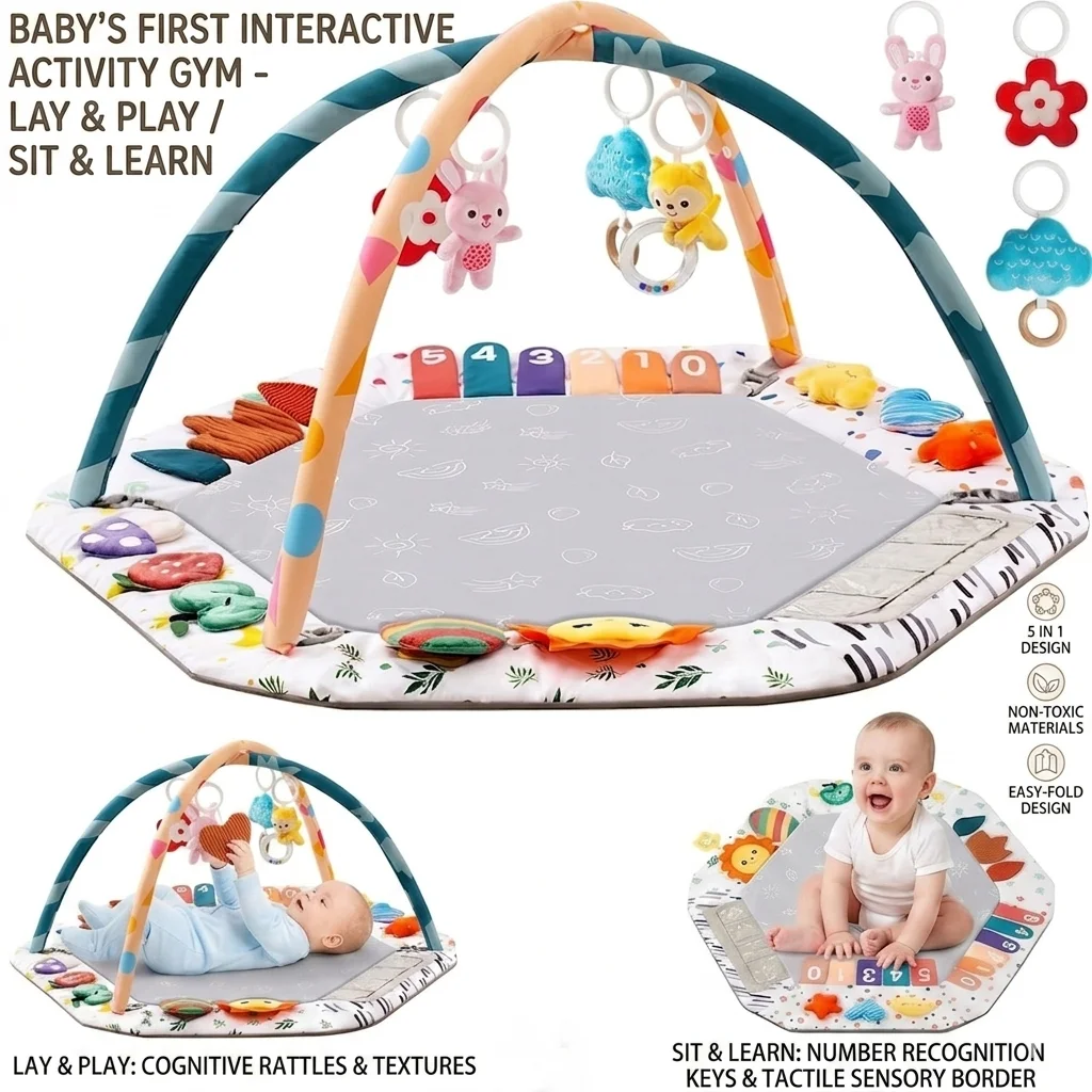 

Multifunctional Baby Playgym 115cm Hexagon Activity Mat 1.5cm Thick Padded Soft Carpet with Hanging Rattles & Mirror 0-18M Gift