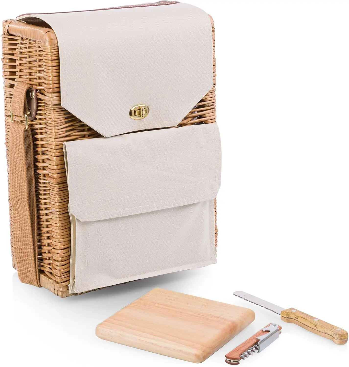 Beige Canvas Wine and Cheese Picnic Basket Set, 2-Bottle Wine Tote Carrier Bag, Wine Lover Gift, Portable Picnic Basket for Wine and Cheese