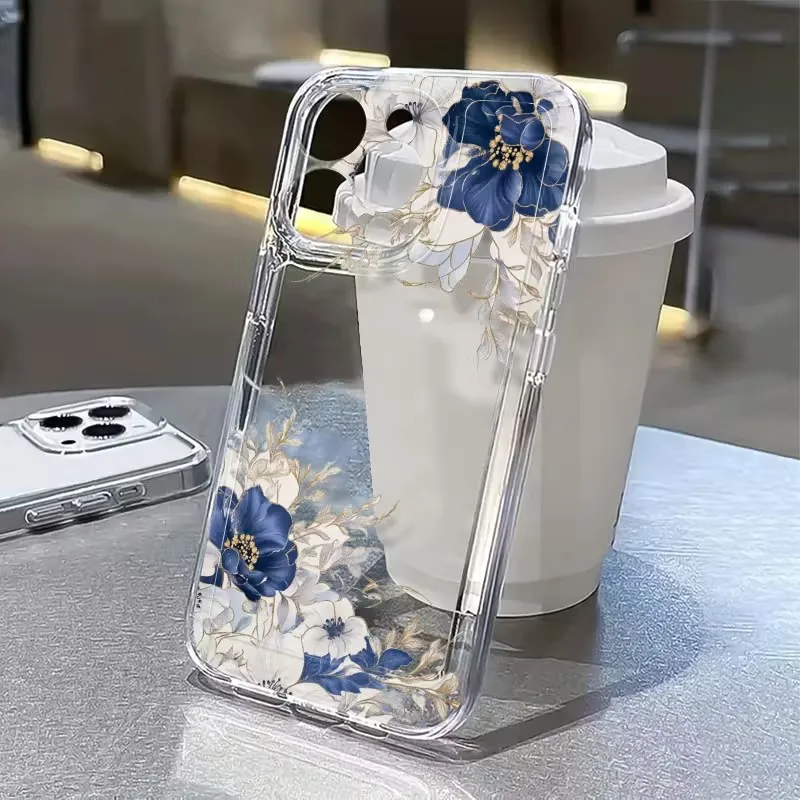 

Blue And White Flowers Design Clear Phone Case For iPhone 17 16 15 14 Pro Max 13 12 11 XS X XR 7 8 Plus 16e 17Air Soft TPU Cover