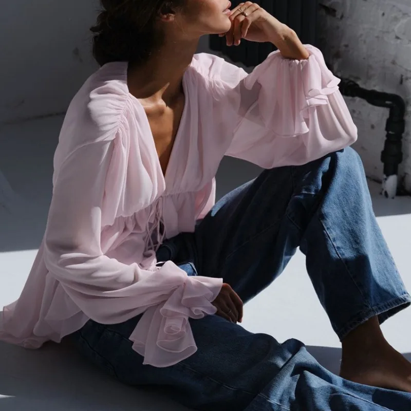 Talenza Women's Pink Shirt 2025 New Sexy V-Neck Lace-up Long Sleeve Top Summer Casual Ruffled Loose Fashion Shirt Women Blouse