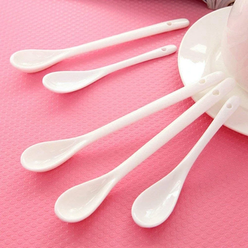 5PCS White Porcelain Egg Spoons Ceramic Spoons Coffee Spoon Dessert Spoon Mocha Dip Serving Spoon