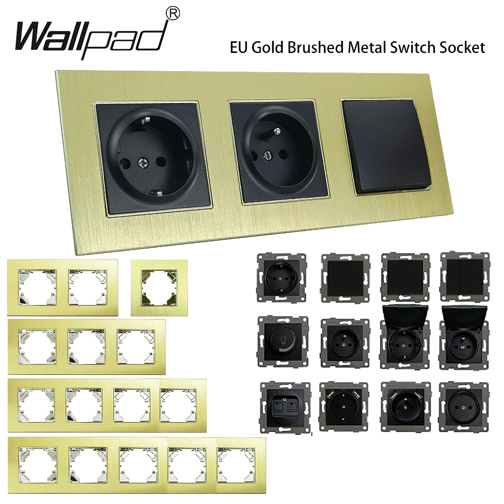 DIY EU Gold Aluminium Frame 2 3 Way Light Reset Doorbell Curtain Dimmer Switch Wall 16A Power Socket USB Type C Outlet Wallpad