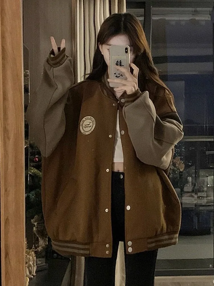 Autumn Vintage Baseball Jacket Women Loose Oversized Casual Couple Jacket Trendy Versatile Outerwear Teen Student Blouse Tops
