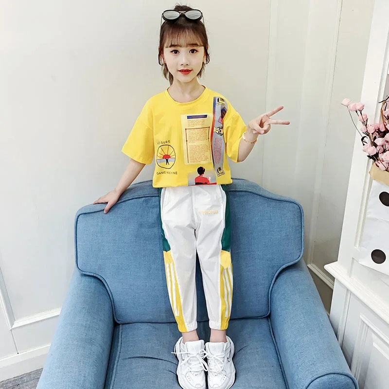 2024 summer  kid baby Girls Clothes Child short Tops t shirt news paper + striped pants teenager Tracksuit 6 8 9 10 11 12 Year