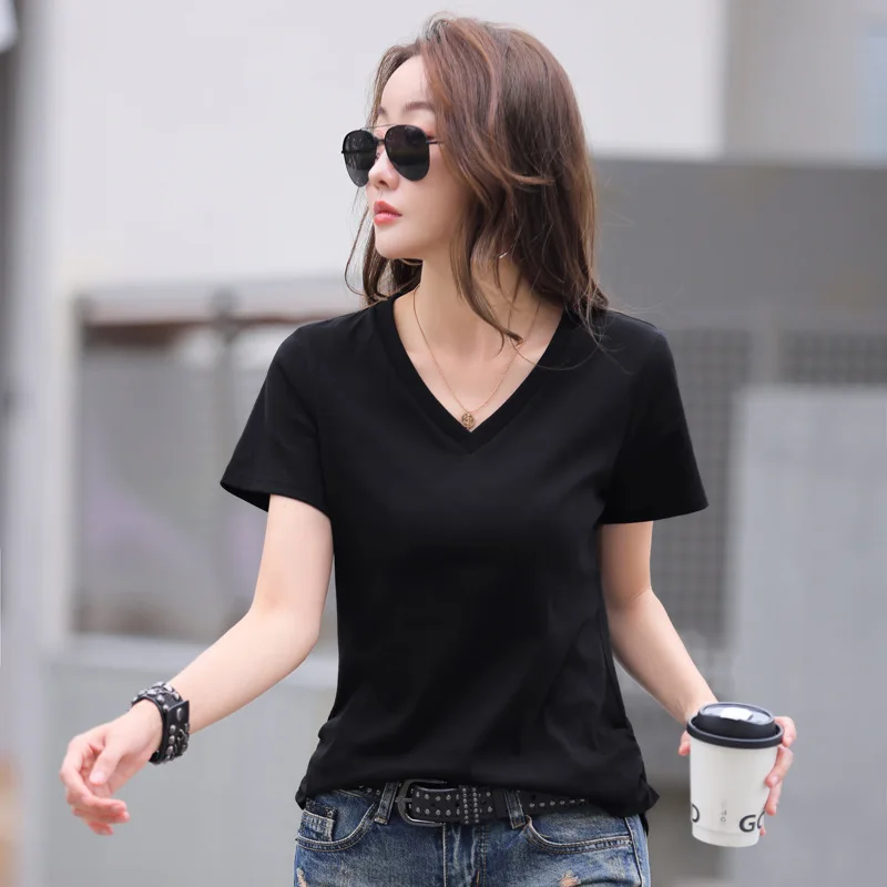 Casual V Neck Cotton T Shirt for Women Tshirt Summer Top Korean Fashion Womens Clothing Short Sleeve Tees Female Camisetas Mujer