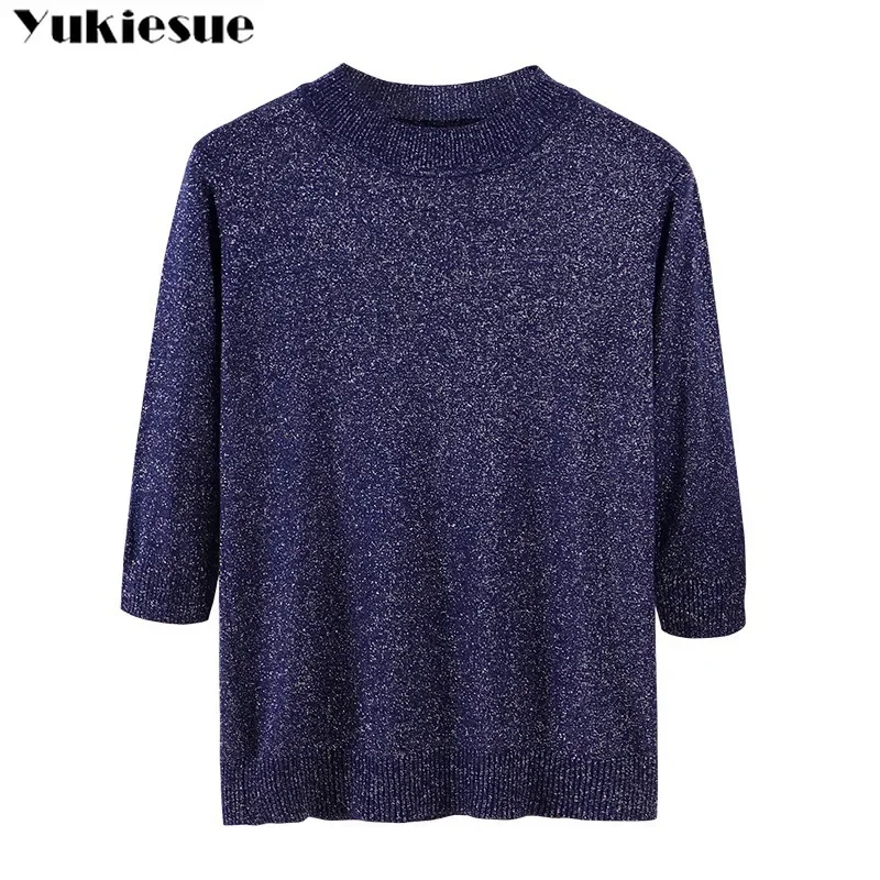 2022 new Women Pullover Sweater Lurex Glitter Knitted pullover Tops Spring Autumn Half Sleeve Elasticity o-neck Female Jumper
